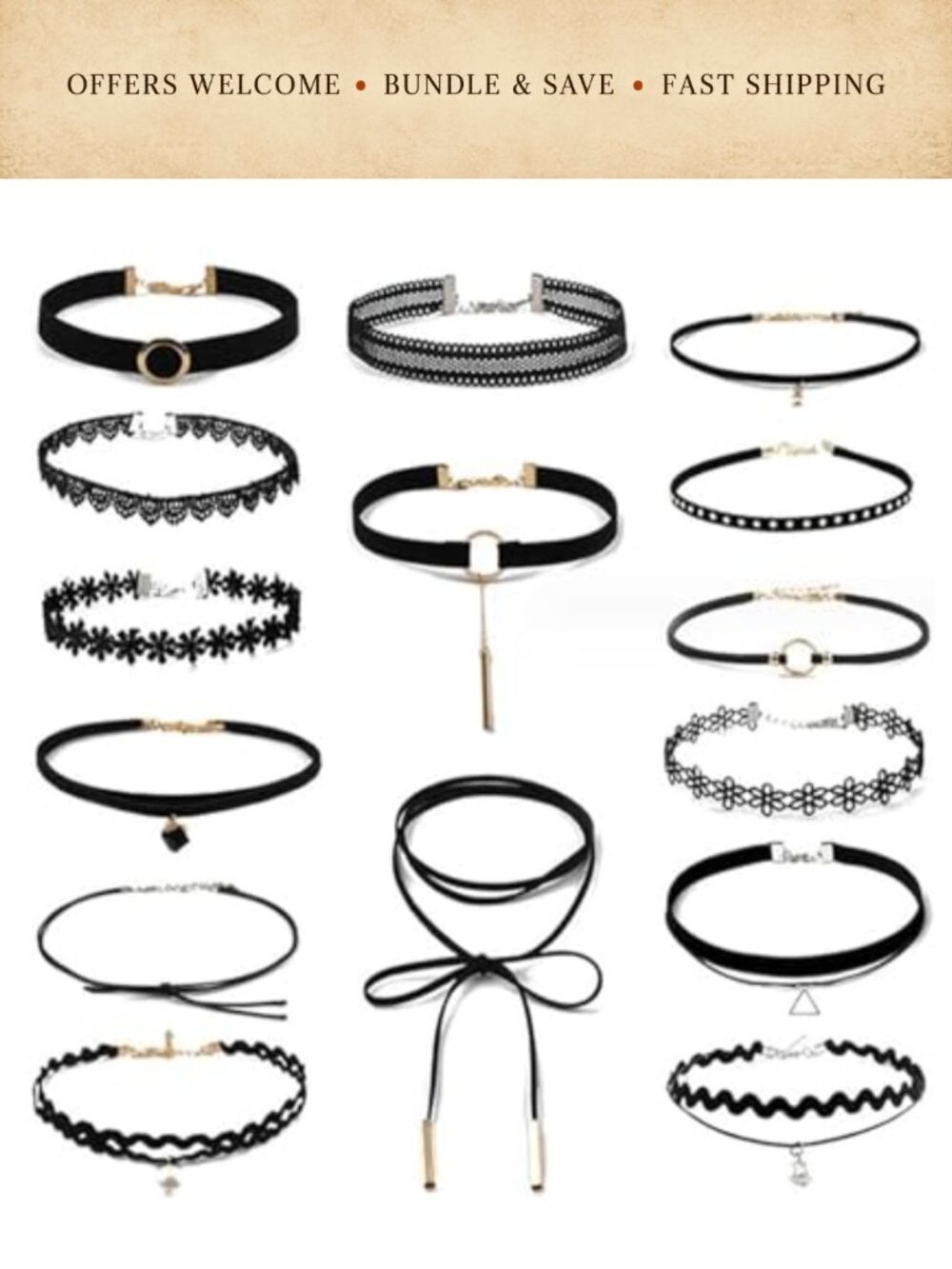 15 Pc Velvet Lace Tattoo Choker Necklace Set Adjustable Gothic Stretch Chokers